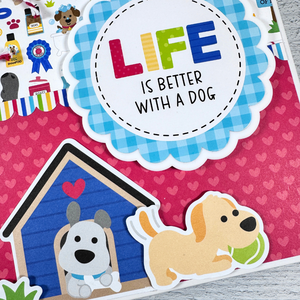 Life is Better With a Dog Scrapbook Album with cute puppy dogs, red hearts, and a scalloped circle on the cover