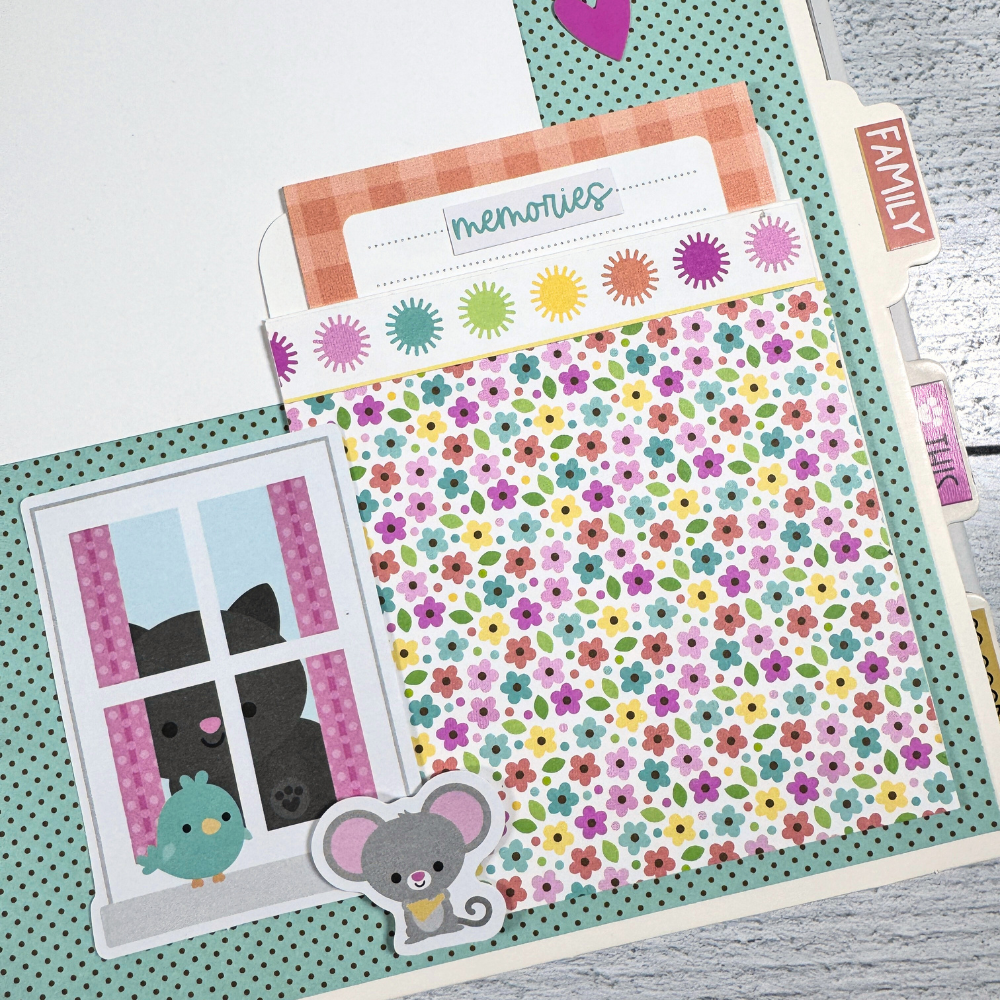 Cat Scrapbook Album page with a library pocket, a little mouse, flowers, and a journaling card