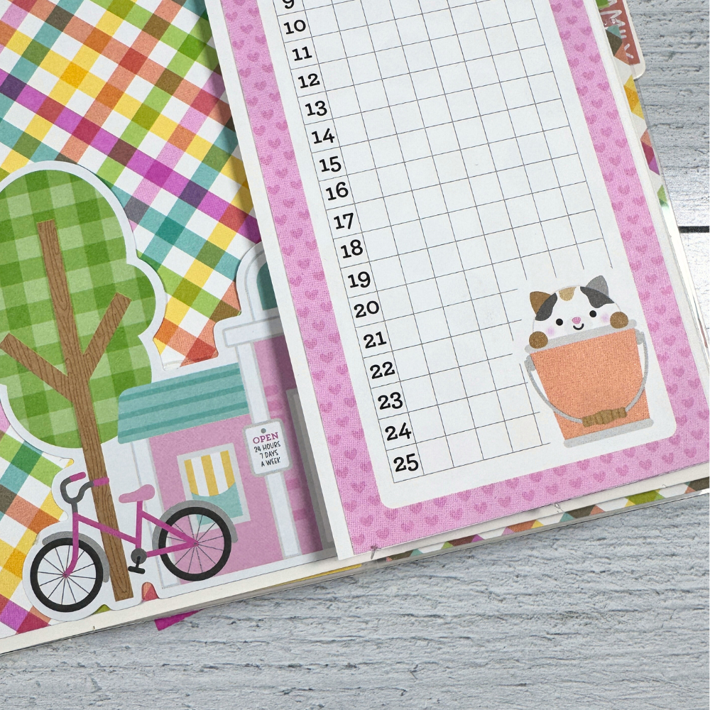 Cat Scrapbook Album page with a fold-out element, journaling card, and a kitty sitting in a bucket
