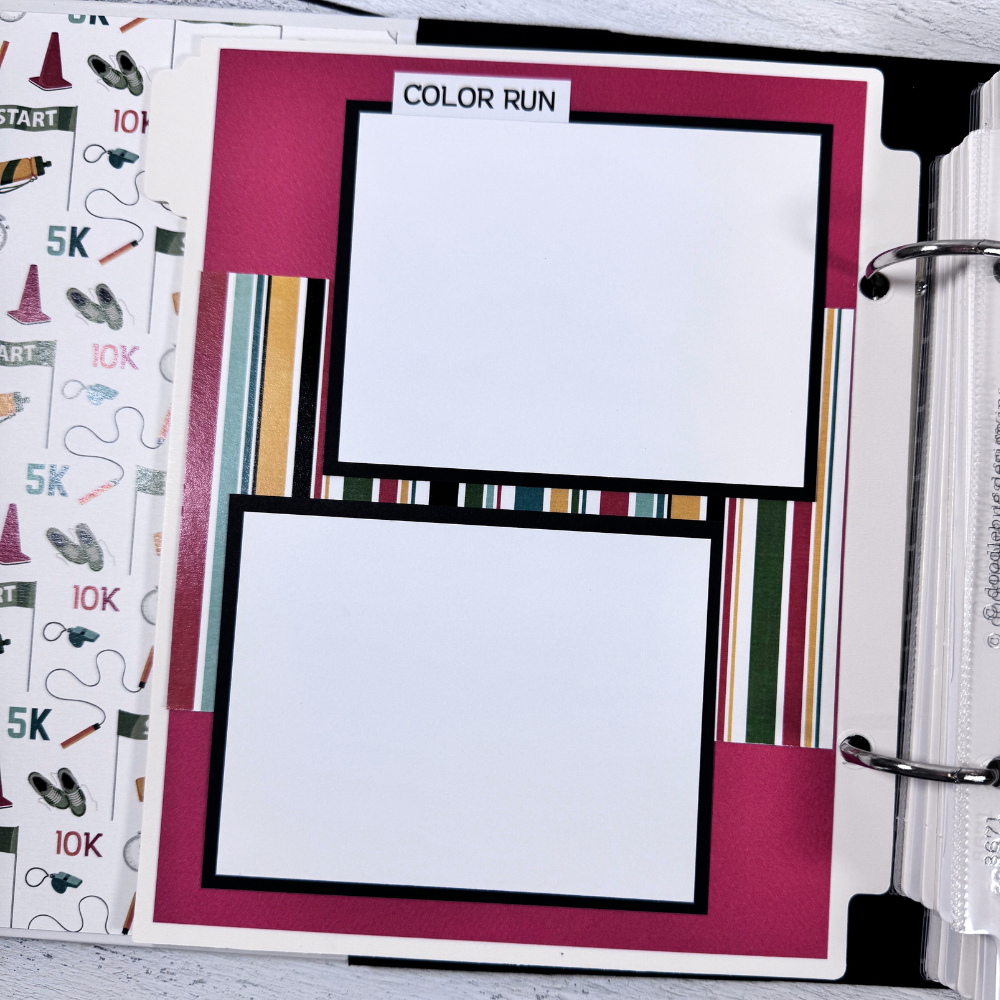 Live, Love, Run Scrapbook Album page with colorful stripes and two photo mats