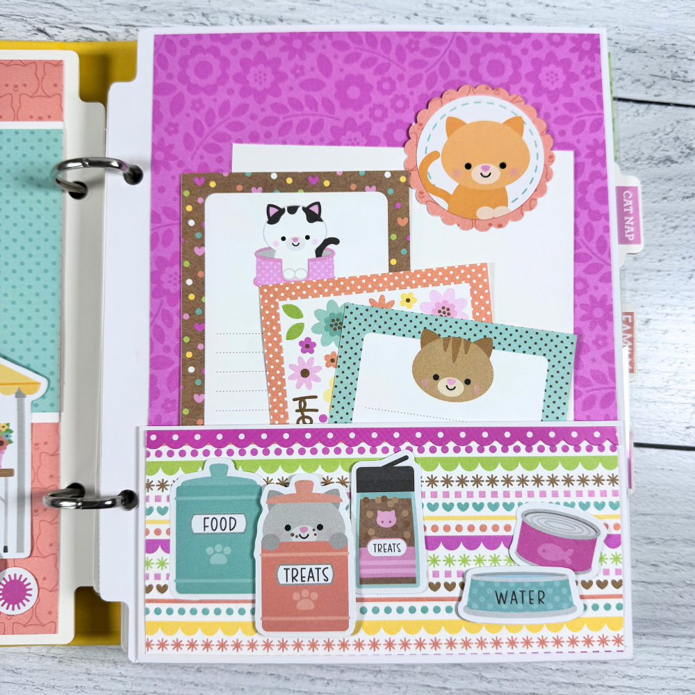 Cat Scrapbook Album page with a pocket, journaling cards, and cute jars of cat treats