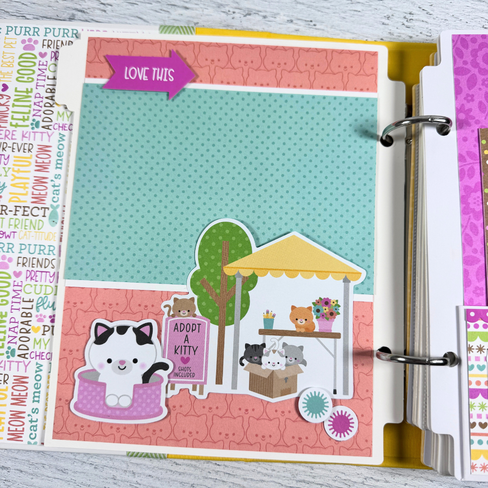 Cat Scrapbook Album page with cute kitties, polka dots, and a little adoption tent
