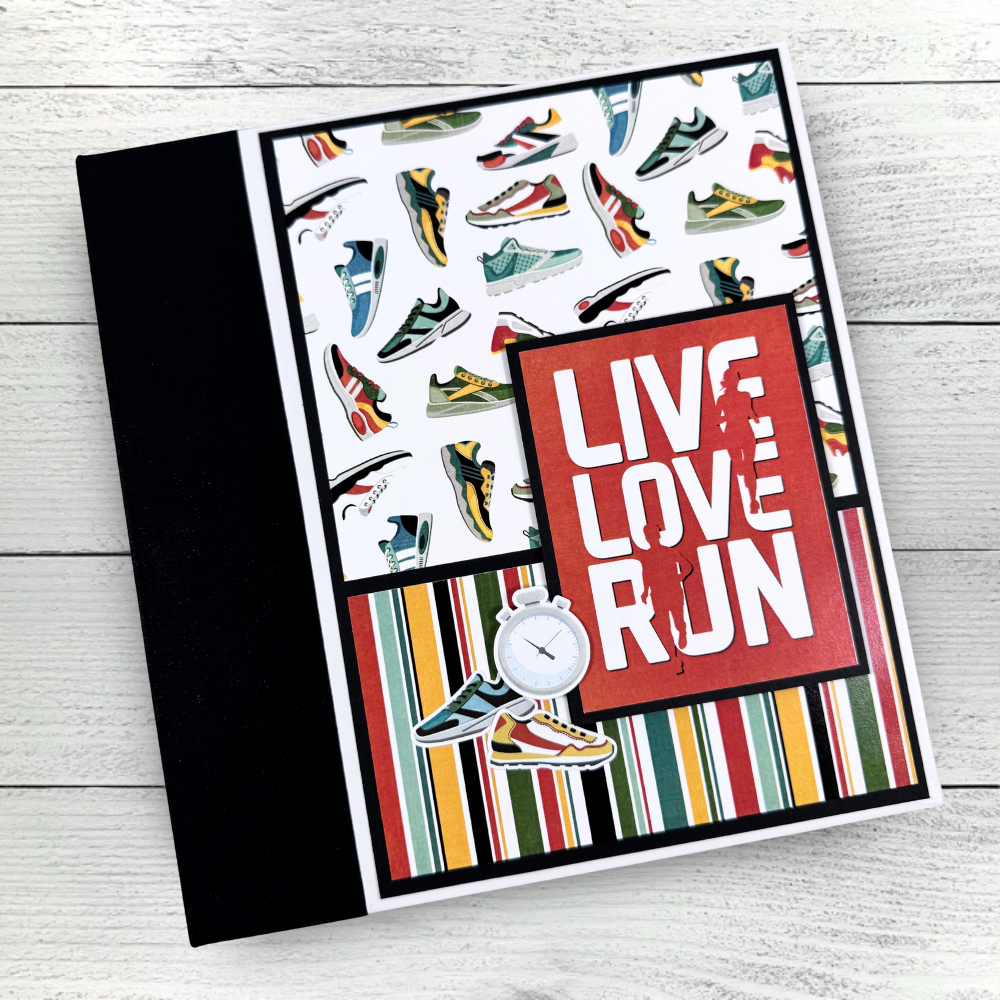 Live, Love, Run Scrapbook Mini Album with images of running shoes, stopwatches, start signs, jump ropes, whistles, and street cones