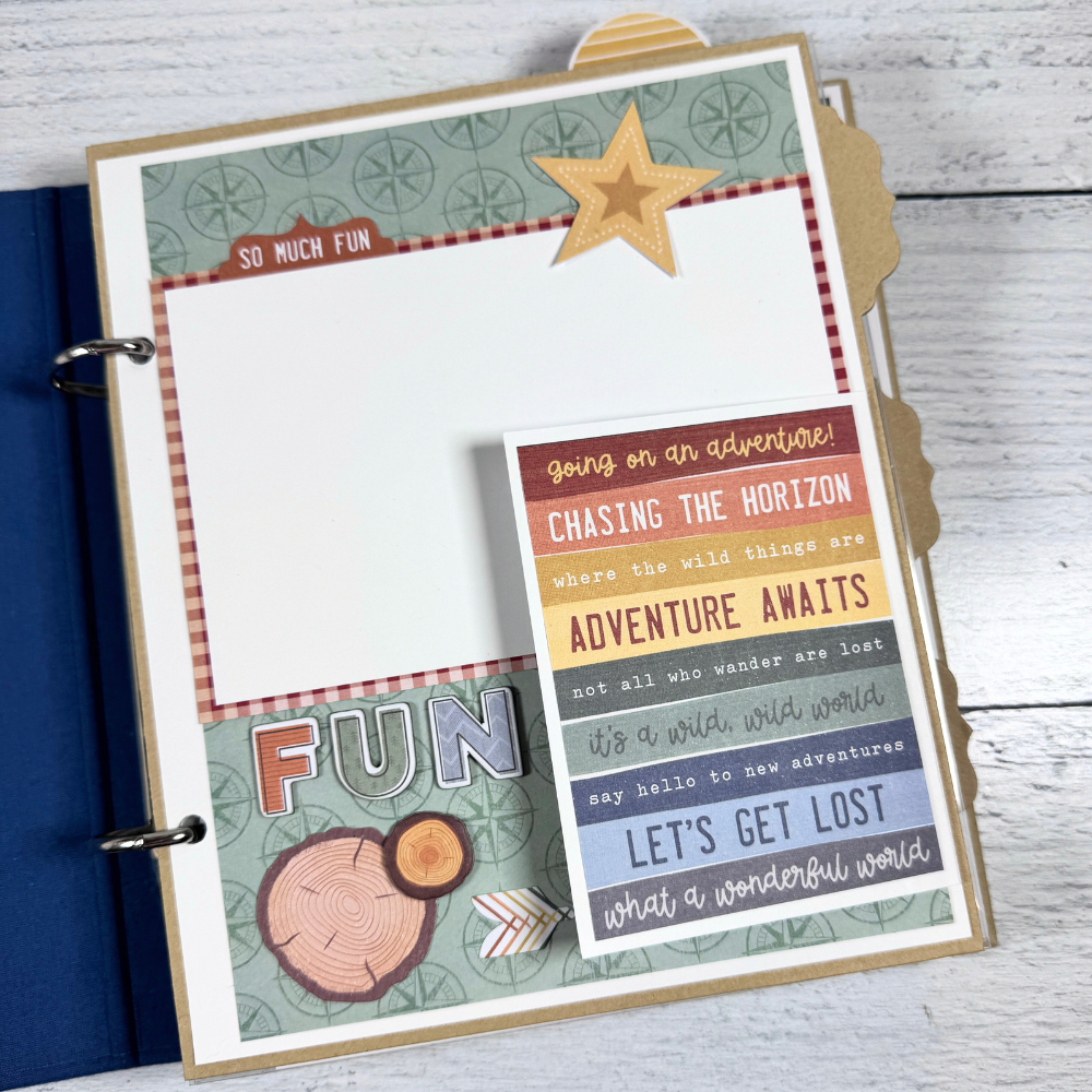 Say Hello To New Adventure Mini Scrapbook Page with compasses, a star, wood, and a folding element