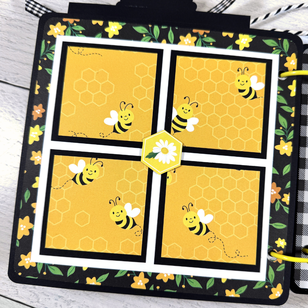 Happy Little Moments Scrapbook Album Page with bees, flowers, and honeycombs