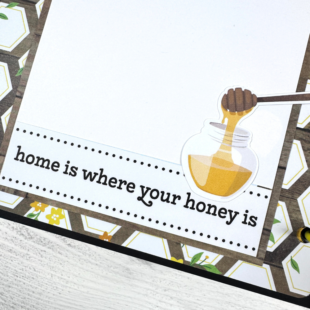 Happy Little Moments Scrapbook Album Page with a honey pot and a honeycomb patter