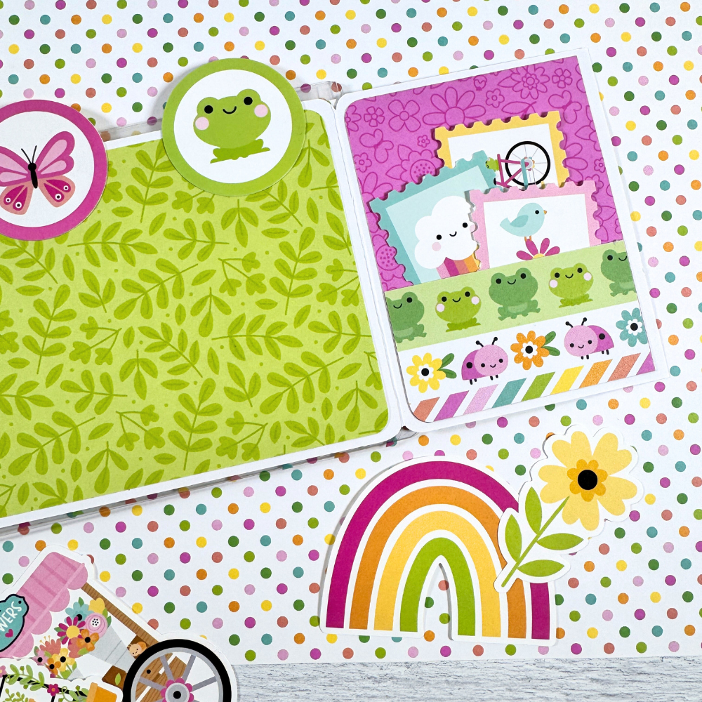 Happy Memories Scrapbook Mini Album Page with a cute little pocket, frogs, ladybugs, and spring flowers