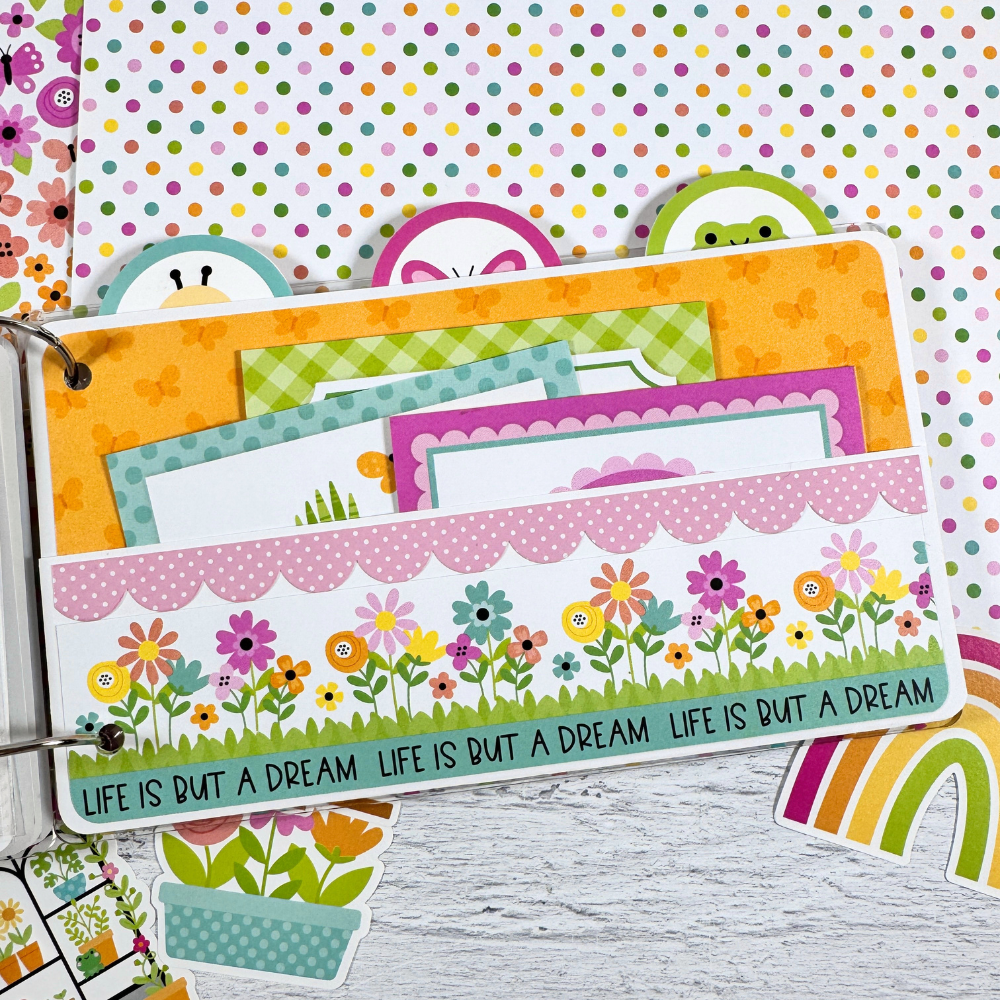 Happy Memories Scrapbook Mini Album Page with a pocket, cute journaling cards, and pretty spring flowers