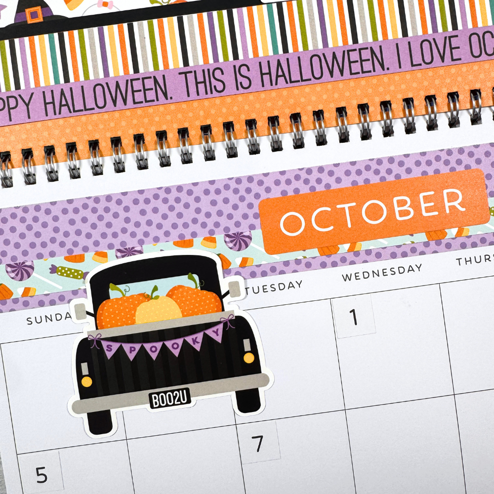 12x12 My Life 365 Scrapbook Calendar page for October with candy, a pickup truck, and pumpkins