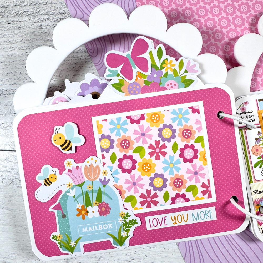 Spring Purse Shaped Acrylic Scrapbook Album Page with a mailbox, bees, and pretty colorful flowers 