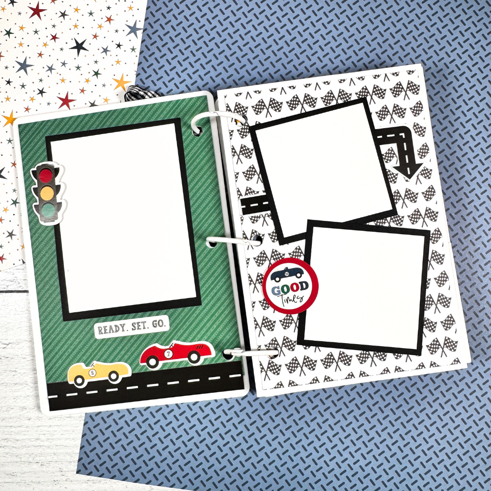 Coolest Kid Ever Scrapbook Album Page with race cars, traffic light, flags, a road, and stripes
