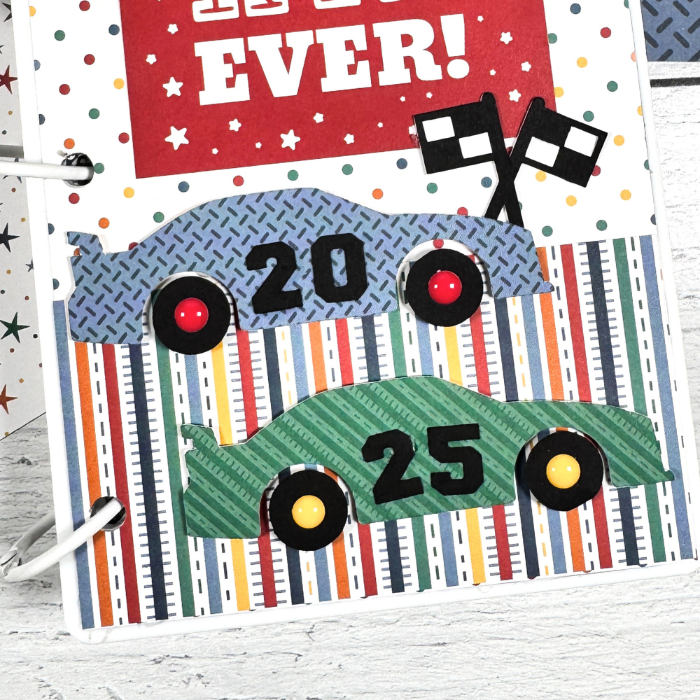 Coolest Kid Ever Scrapbook Mini Album with race cars, flags, polka dots, and stripes
