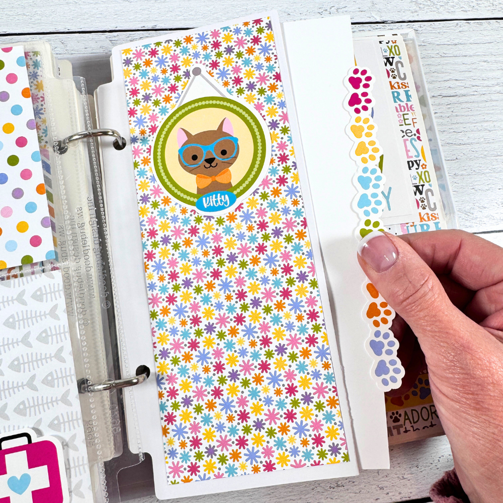 Cat Meow Scrapbook Mini Album Page with a pocket, flowers, and a cat portrait