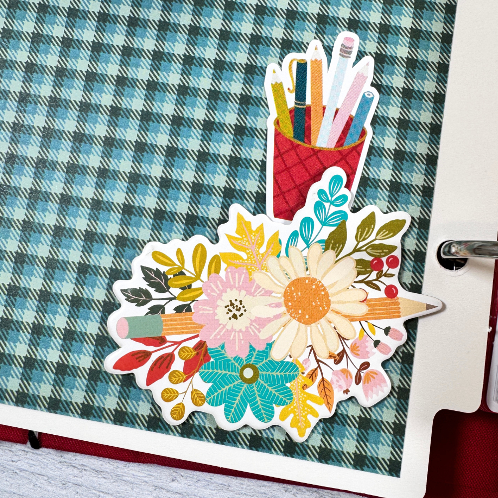 School Vibes Scrapbook Mini Album Page with pretty flowers, a cup with colorful pencils, and plaid paper