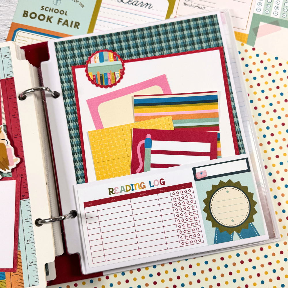 School Vibes Scrapbook Mini Album Page with a pocket, journaling cards, plaid paper, and a reading log