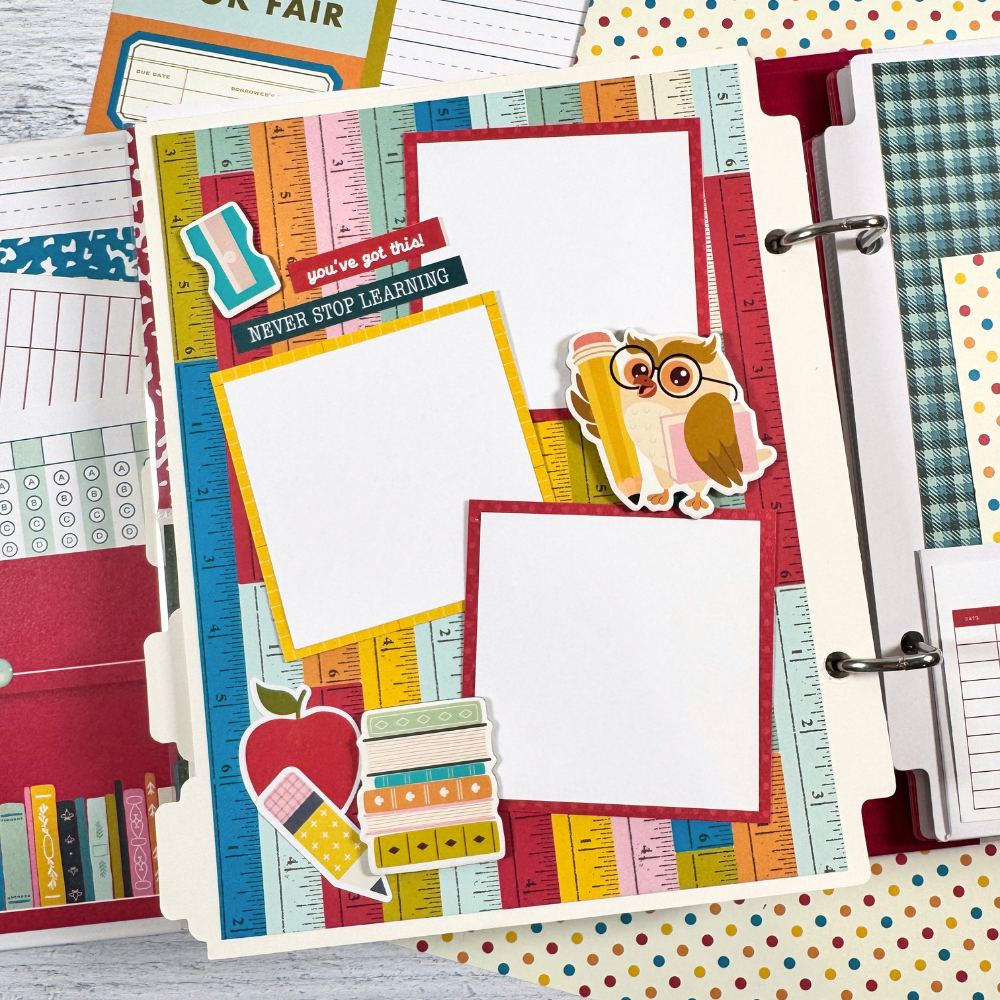 School Vibes Scrapbook Mini Album Page with a cute owl wearing glasses, colorful rulers, an apple, and lots of fun school supplies