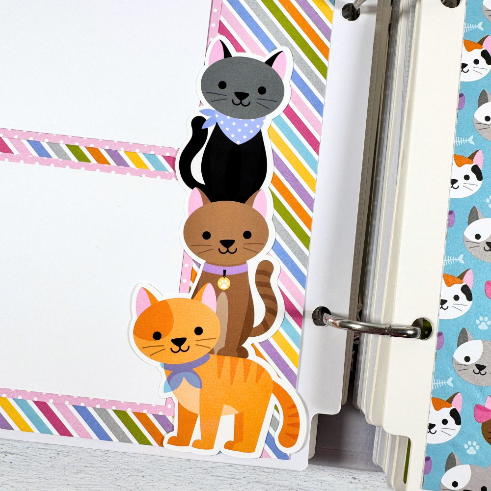 Cat Meow Scrapbook Mini Album Page with 3 cute cats and colorful stripes