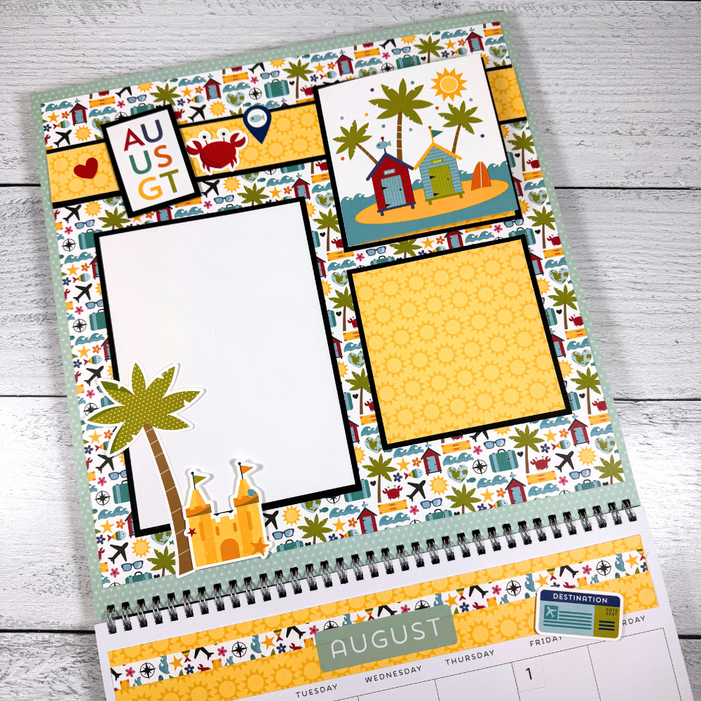 12x12 My Life 365 Scrapbook Calendar page for August with palm trees, beach cottages, airplanes, and sand castles