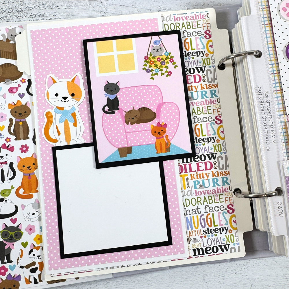 Cat Meow Scrapbook Mini Album Page with cats, a pink polka dot chair, plants, and a folding element