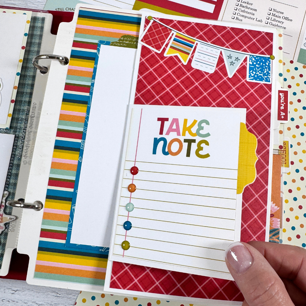 School Vibes Scrapbook Mini Album Page with a folding section, colorful stripes, a journaling card, and and a flag banner