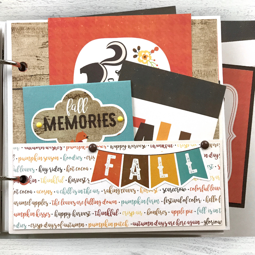Hello Fall Perfect Autumn Scrapbook Album Page with a pocket, journaling cards, and a flag banner
