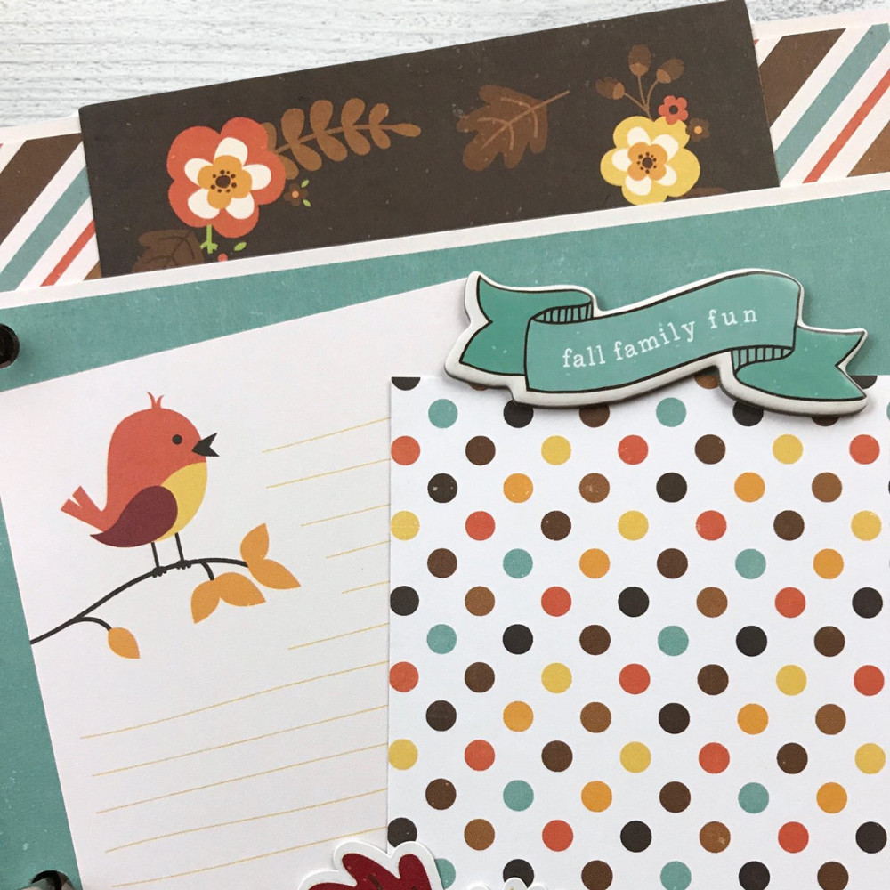 Hello Fall Perfect Autumn Scrapbook Album Page with flowers, leaves, a bird, a banner, and colorful polka dots