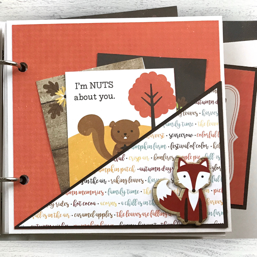 Hello Fall Perfect Autumn Scrapbook Album Page with a pocket, a fox, a beaver, and journaling cards