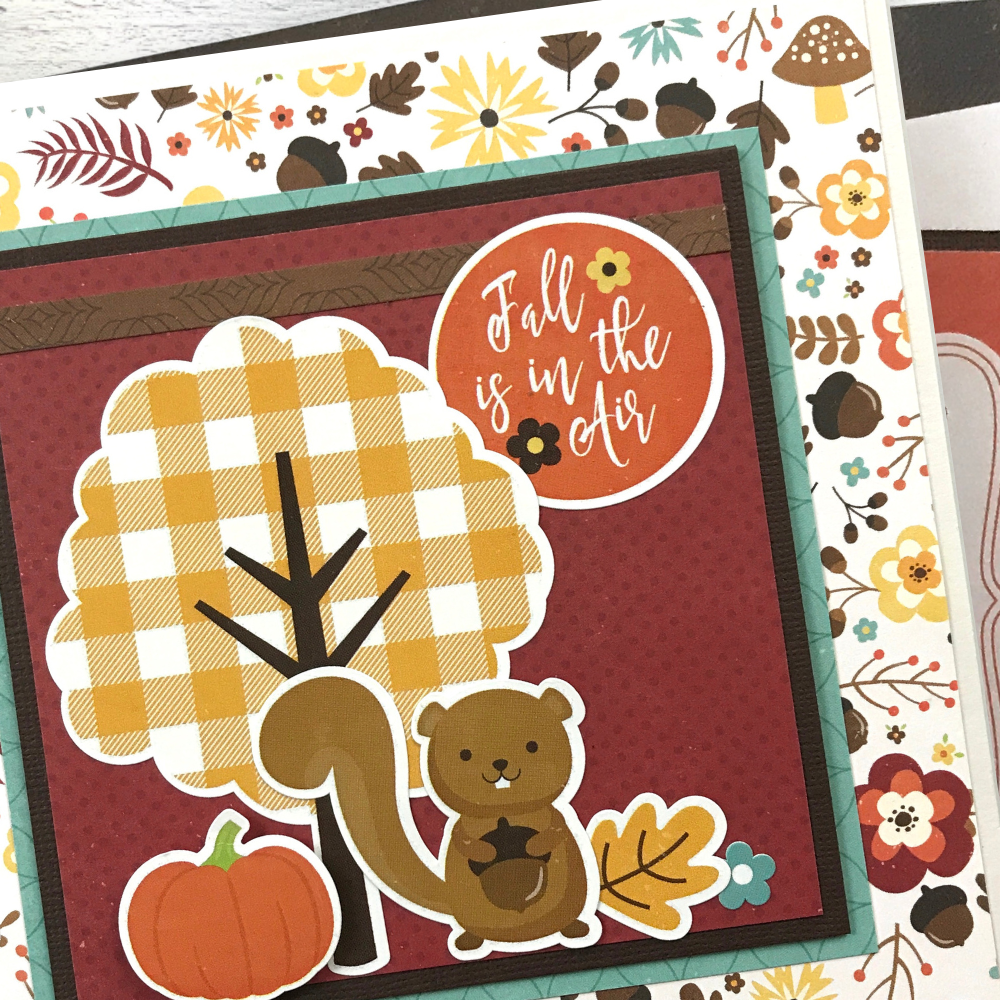Hello Fall Perfect Autumn Scrapbook Album Page with leaves, acorns, mushrooms, a cute beaver, and a pumpkin