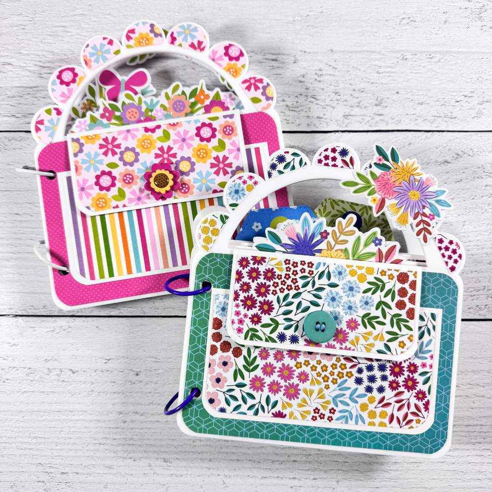 Spring Purse Shaped Acrylic Scrapbook Mini Albums with scalloped handles and gorgeous colorful flowers