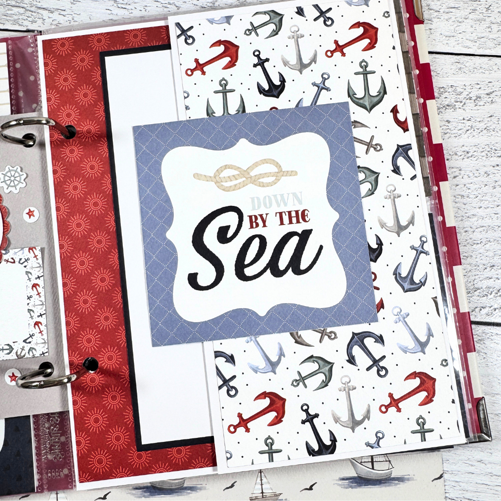 Seaside Memories Scrapbook Album page with anchors, boats, lighthouses, and sea life