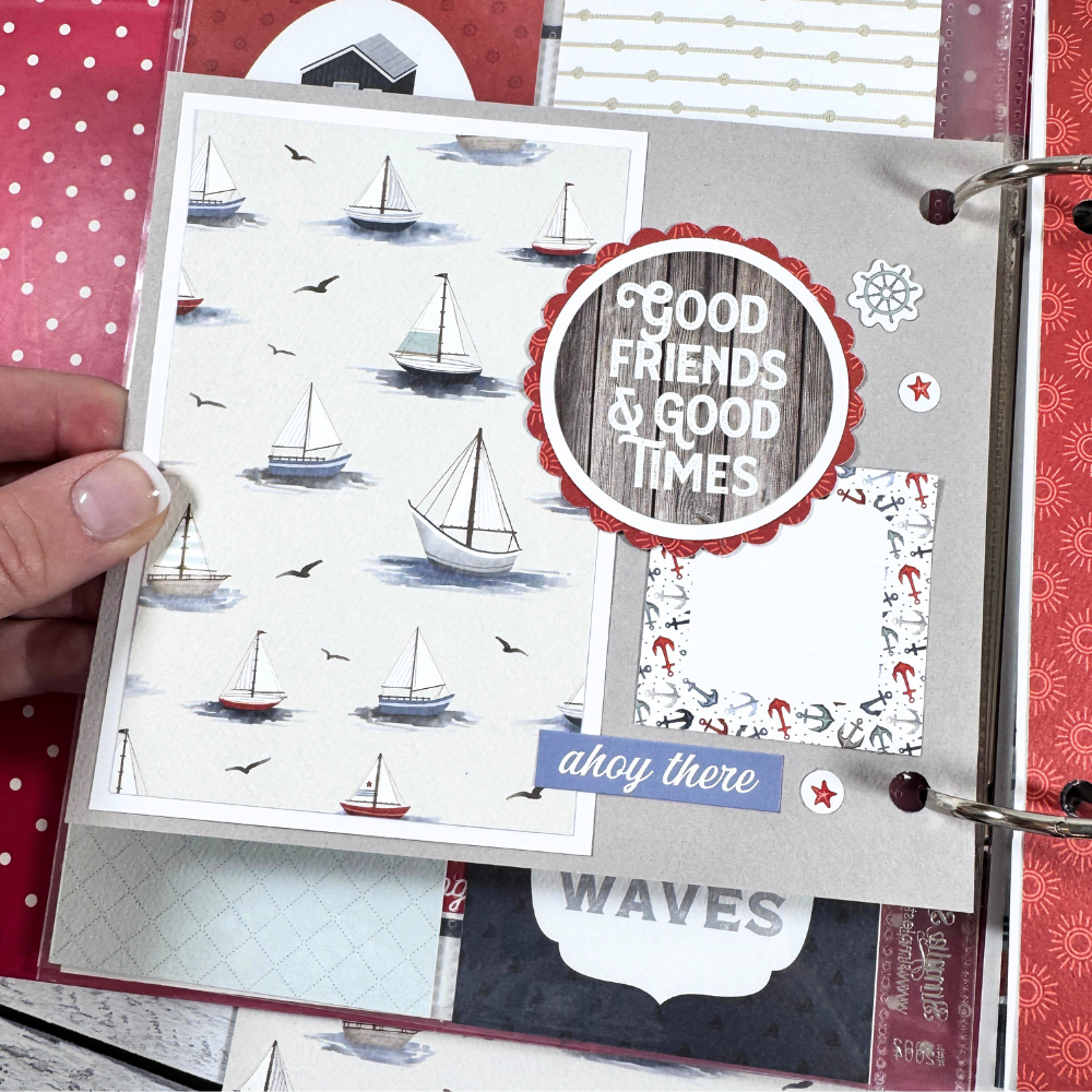 Seaside Memories Scrapbook Album page with anchors, boats, lighthouses, and sea life