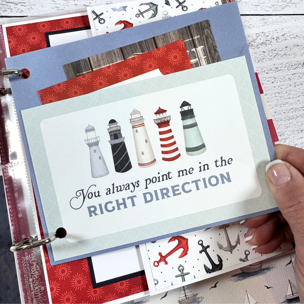 Seaside Memories Scrapbook Album page with anchors, boats, lighthouses, and sea life