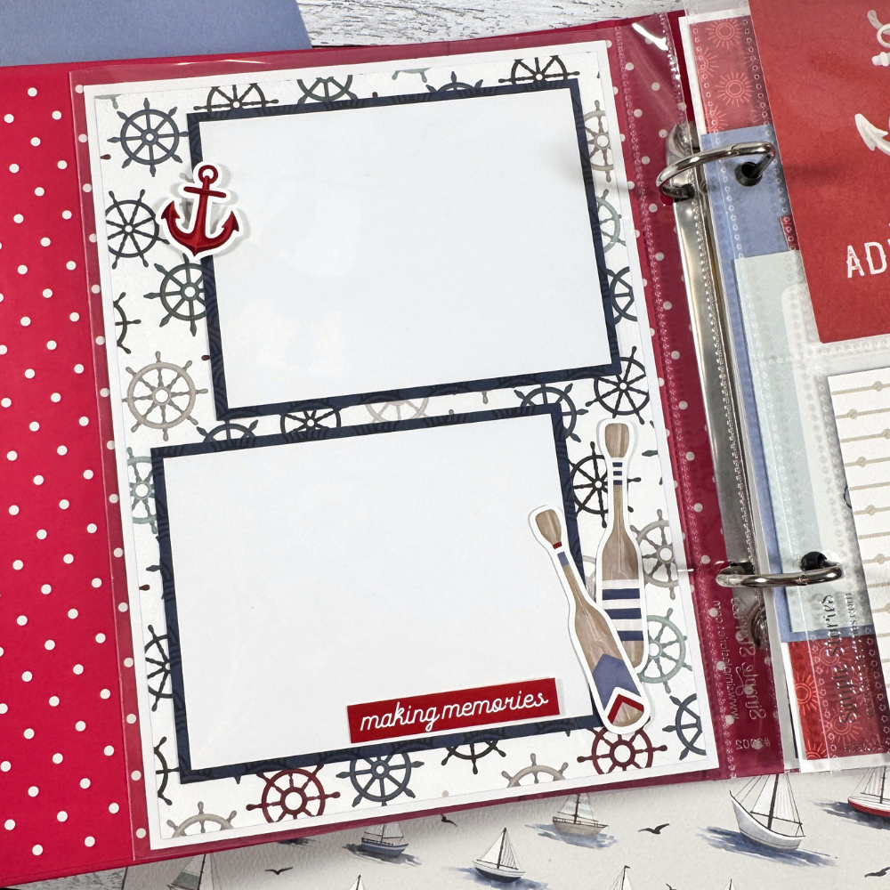 Seaside Memories Scrapbook Album page with anchors, boats, lighthouses, and sea life