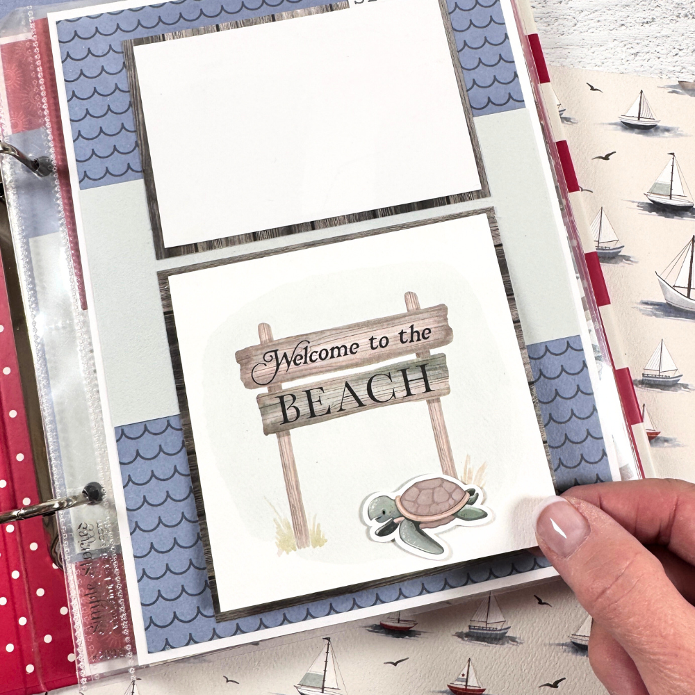 Seaside Memories Scrapbook Album Page with anchors, boats, lighthouses, and sea life