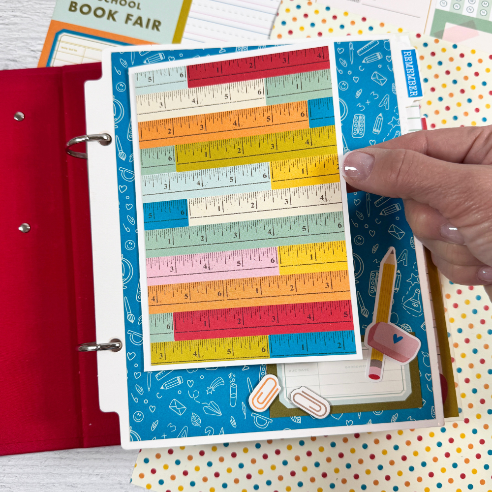 School Vibes Scrapbook Mini Album Page with a folding element, colorful rulers, and lots of other school supplies