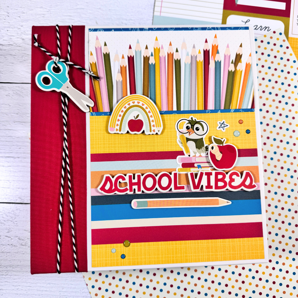 School Vibes Scrapbook Mini Album with owls, school supplies, apples, and bright cheerful colors