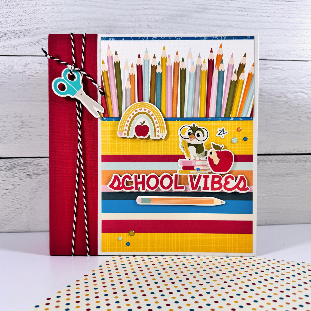 School Vibes Scrapbook Mini Album with owls, school supplies, apples, and bright cheerful colors