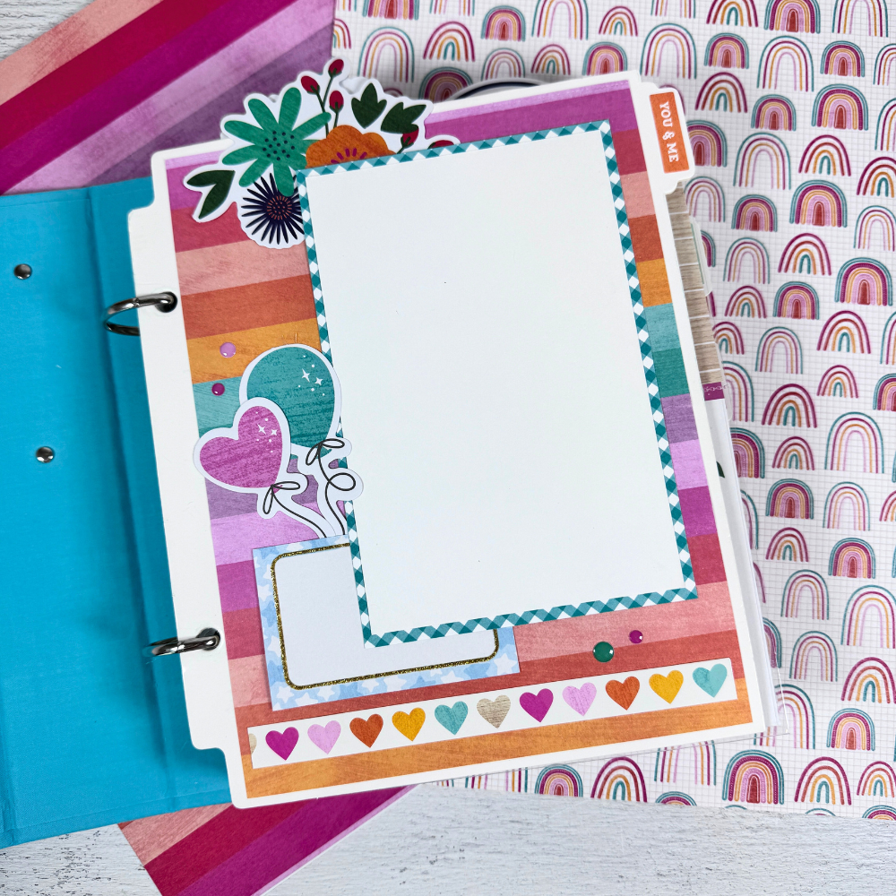 Reasons To Smile Scrapbook Album Page with flowers, hearts, balloons, and rainbow stripes