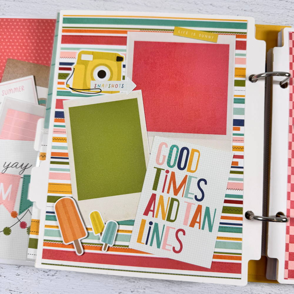 Sunny Days Summer Scrapbook Album Page with a camera, rainbow stripes, and popsicles