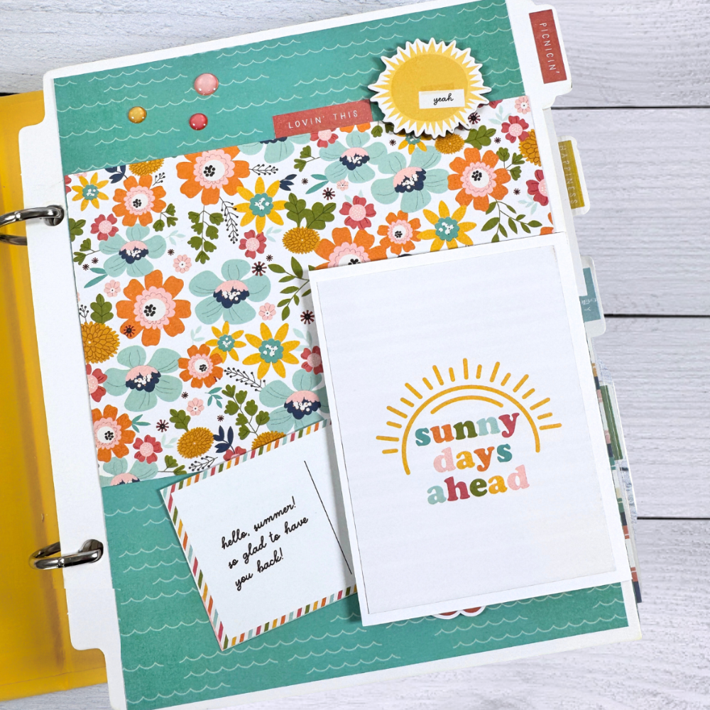 Sunny Days Summer Scrapbook Album Page with pretty flowers, a sun, waves, simmering enamel dots, and a fold-out card