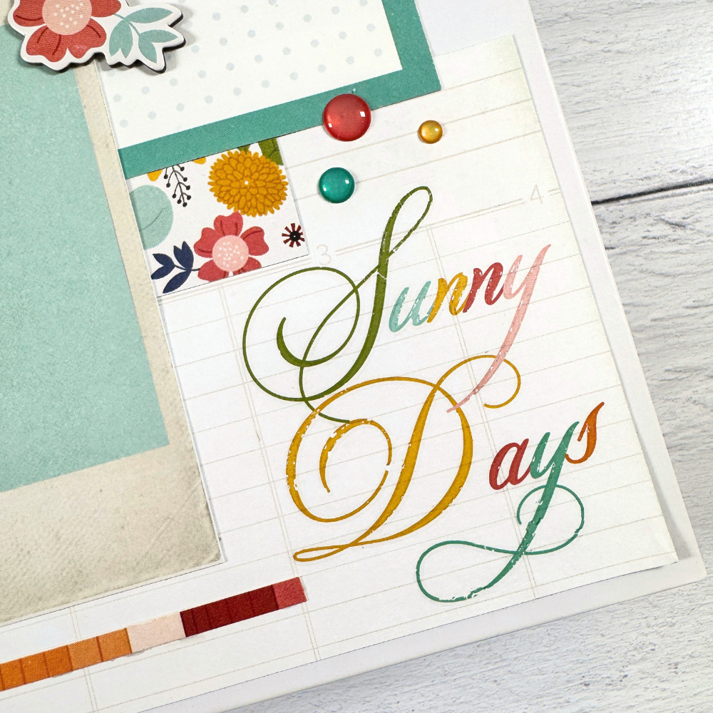 Sunny Days Summer Scrapbook Mini Album Kit with flowers, enamel dots, and pretty rub-on images