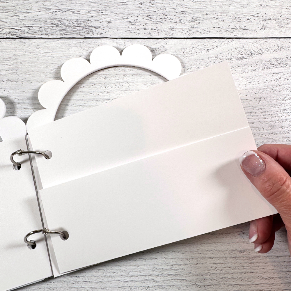 Purse Shaped Acrylic Scrapbook Mini Album with a scalloped handle, white card stock pages, and a pocket