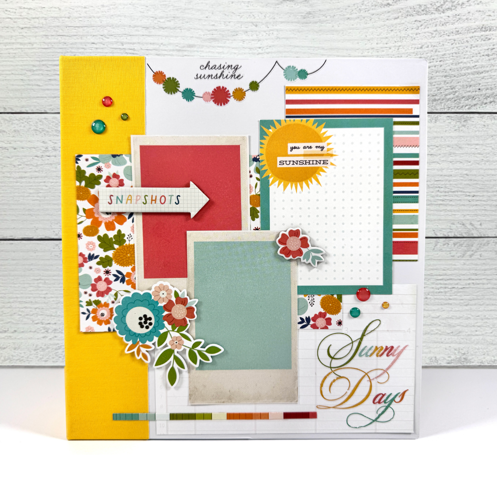 Sunny Days Summer Scrapbook Mini Album Kit with images of the sun, beach chairs, flowers, ice cream cones, sand castles, and picnic supplies
