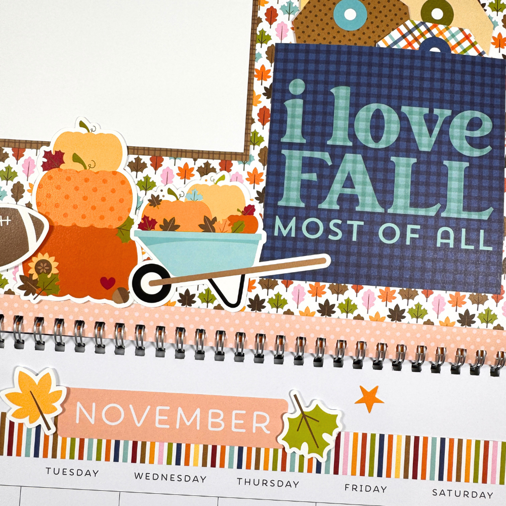 12x12 My Life 365 Scrapbook Calendar page for November with fall leaves and pumpkins