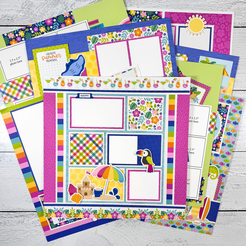 12x12 Living the Dream Summer Scrapbook Page Layouts with beach scenes, cute sea animals, seashells, flowers, sunshine, and bright happy colors