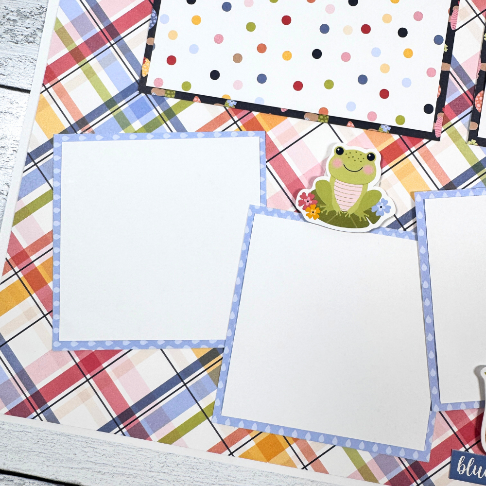 12x12 Sunny Days Scrapbook Page Layout with a cute frog, a colorful plaid, polka dots, and flowers