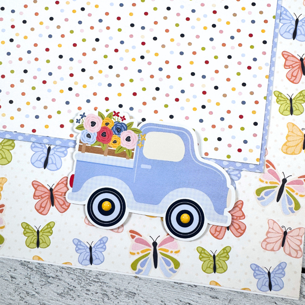 12x12 Sunny Days Scrapbook Page Layout with butterflies, polka dots, and a pickup truck full of flowers