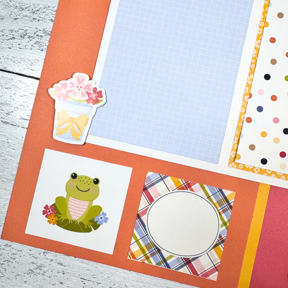 12x12 Sunny Days Scrapbook Page Layout with flowers, a cute frog, and colorful polka dots