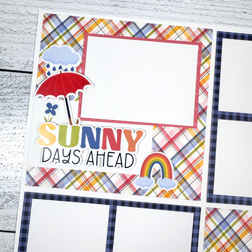 12x12 Sunny Days Scrapbook Page Layout with an umbrella, a raining cloud, a rainbow, and a colorful plaid