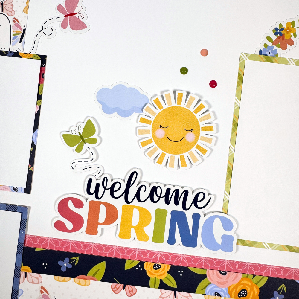 12x12 Sunny Days Scrapbook Page Layout with butterflies, a sun, flowers, and colorful enamel dots